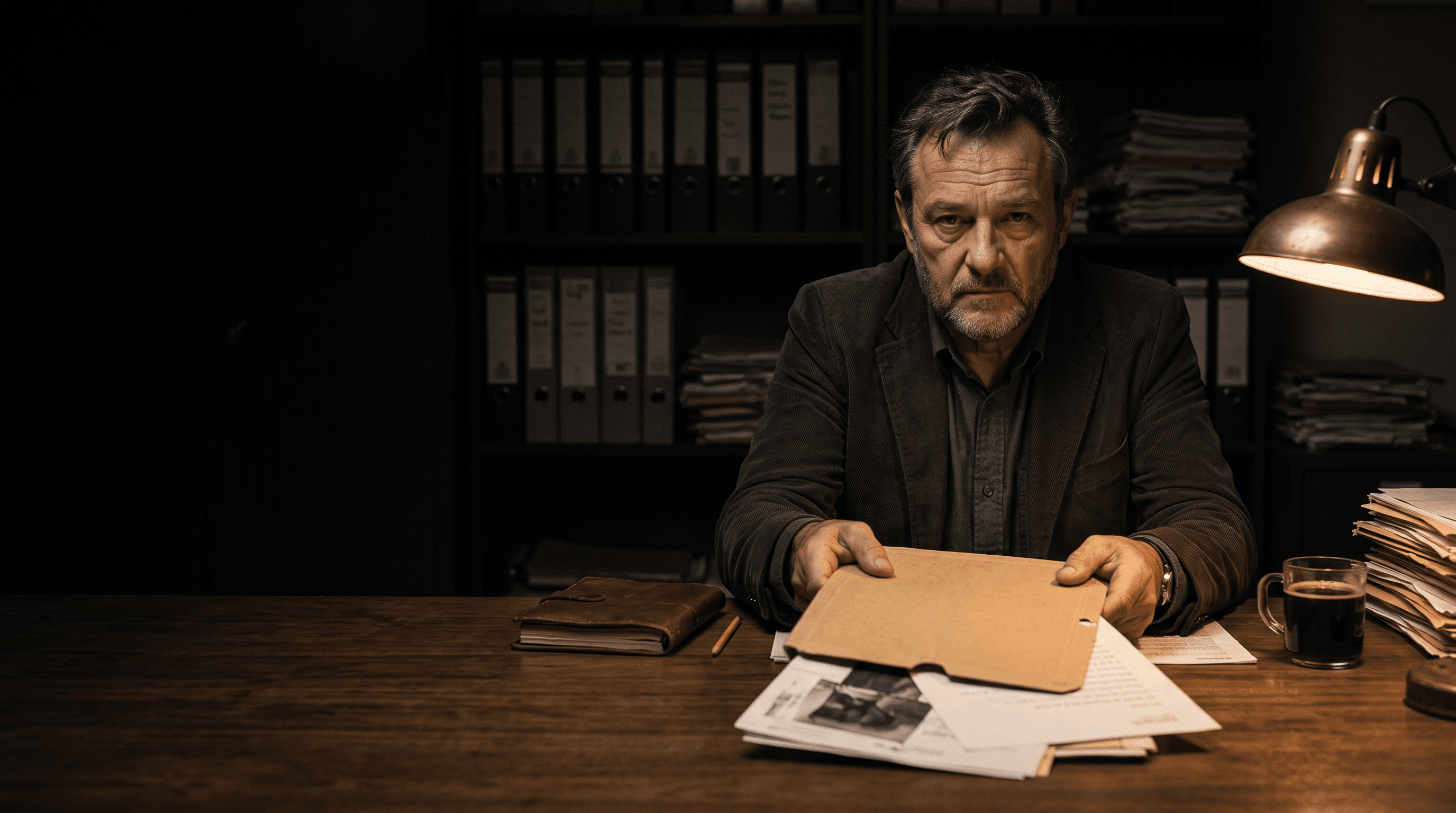 Detektiv Daniel Vlk sedí za stolem a podává přes desku složku případu