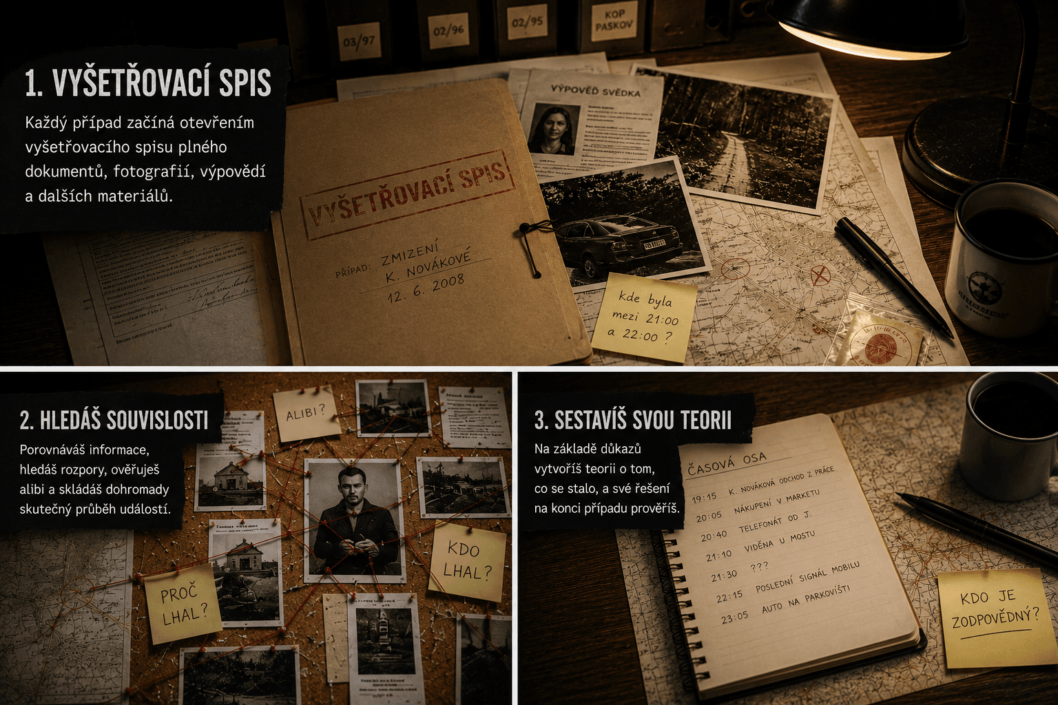 Vyšetřovací spis, fotografie, mapa a důkazy rozložené na stole